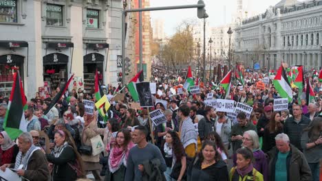 Los-Manifestantes-Se-Manifiestan-Mientras-Sostienen-Pancartas,-Pancartas-Y-Banderas-Palestinas-En-Solidaridad-Con-Palestina.