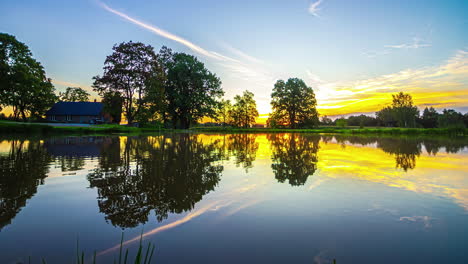 Time-Lapse-Reflected-Water-Skyline-Sunset-landscape,-gradient-transition-urban-park-trees,-contrasted-back-lighting,-sun-moving,-clouds-background-panoramic-nature-in-motion-shot