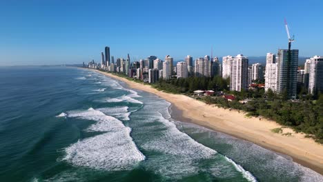 Right-to-left-aerial-views-over-Main-Beach-looking-South-towards-Surfers-Paradise,-Gold-Coast,-Australia