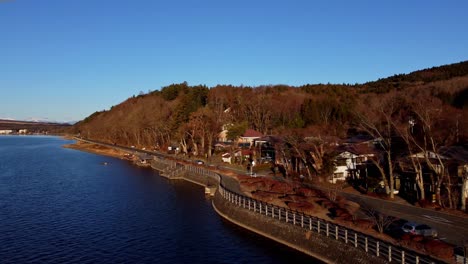 Autos-Fahren-Bei-Sonnenuntergang-Auf-Einer-Küstenstraße-Neben-Einem-Wald,-Goldenes-Licht,-Luftaufnahme