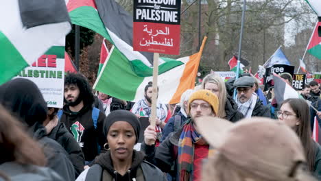 Manifestantes-En-El-Centro-De-Londres-Con-Pancartas-Y-Carteles-De-Palestina-Caminando-Hacia-La-Cámara