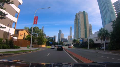 Point-of-view-driving-North-towards-Surfers-Paradise-on-the-Gold-Coast-Highway,-Gold-Coast