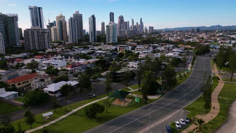 Static-aerial-views-over-the-Broadwater-looking-towards-Surfers-Paradise-and-Main-Beach-on-the-Gold-Coast,-Australia