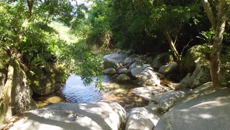 gimbal-movement-from-small-jungle-creek-to-wide-mountain-view-on-horizon,-bright-and-sunny