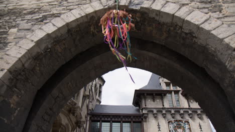 Entrance-to-Het-Steen---A-Bas-relief-of-Semini-Above-the-Archway---Antwerp,-Belgium---Low-Angle-Shot