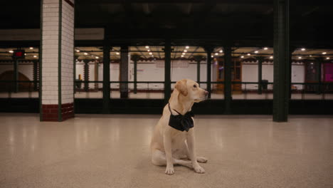 Cinematic-footage-of-an-elegant-dog-sitting-at-the-metro-station