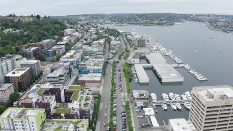 Aerial-shot-flying-over-South-Lake-Union-in-Seattle