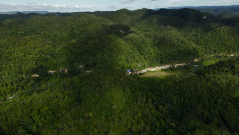 Bohol's-lush-forest-canopy-with-a-glimpse-of-remote-settlement,-daylight,-aerial-view