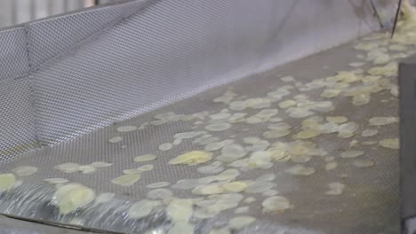 pov-shot-close-up-seen-potato-chips-on-the-conveyor-belt-and-being-washed-and-going-to-the-next-process