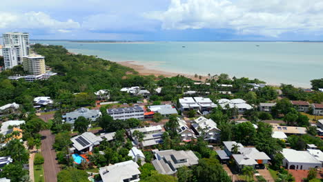 Aerial-drone-of-Coastal-Surburb-Larrakeyah-Next-To-City-Skyline-Buildings-of-Darwin-Northern-Territory-Australia