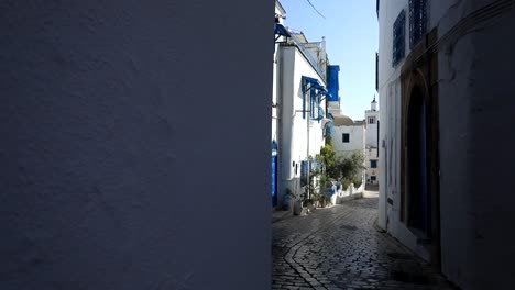 Calle-Adoquinada-Iluminada-Por-El-Sol-En-Sidi-Bou-Said,-Túnez,-Con-Arquitectura-Tradicional-Azul-Y-Blanca,-Cielo-Despejado,-Perspectiva-Lateral