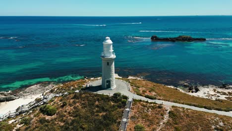 drone-shot-around-bathurst-lighthouse-on-Rotness-Island-near-Perh-on-a-sunny-summer-day-in-Western-Australia