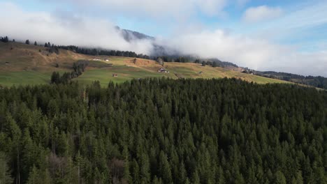 Obersee-Glarus-Näfels-Switzerland-flight-over-forest-edge-with-nice-home-on-mountainside