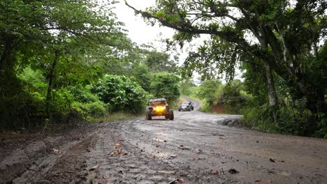 side-by-side-tour-rainforest,-muddy-street