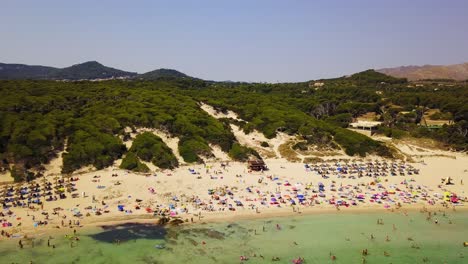 Drone-panning-from-the-right-to-the-left-side-of-the-frame,-showing-the-beachfront-of-Cala-Agulla,-the-trees-and-mountains-behind-it,-in-the-island-of-Mallorca,-Spain