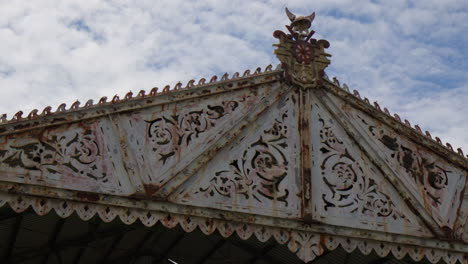 The-Embellished-Iron-Roof-of-the-Ancient-Hangar-Situated-Along-the-Banks-of-the-River-Scheldt-in-Antwerp,-Belgium---Close-Up