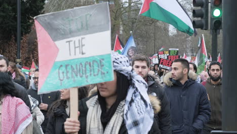 Manifestantes-Con-Banderas-Y-Pancartas-Palestinas-Caminando-Hacia-La-Cámara-En-El-Centro-De-Londres