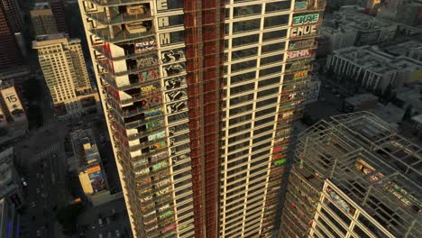 4K-Aerial-of-Graffiti-Tower-in-DTLA-in-February-2024,-Los-Angeles,-California,-USA