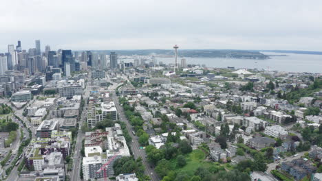 Aerial-drone-shot-of-Seattle-panning-upward