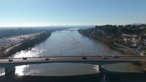 Aerial-view-of-Pont-du-Royaume,-connecting-cities-of-Avignon-and-Villeneuve-les-Avignon,-southern-France