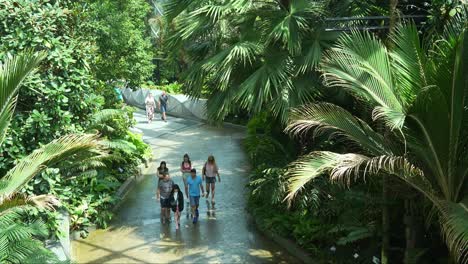 People-walking-and-wandering-around,-immersed-in-the-magical-environment-of-Cloud-Forest-greenhouse-conservatory,-indoor-greenery-at-Gardens-by-the-bay,-Singapore-tourist-attraction