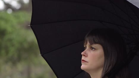 Close-up-of-the-worried,-frustrated-young-woman-under-the-black-umbrella-in-the-park