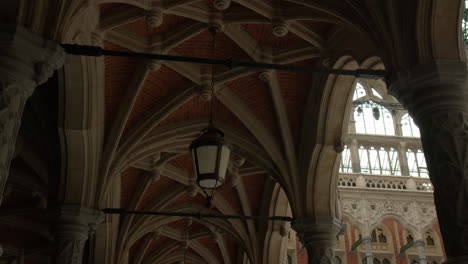 The-Ribbed-Vault-Ceiling-Within-the-Confines-of-Old-Stock-Exchange-Building-in-Antwerp,-Belgium---Low-Angle-Shot