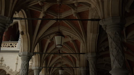 The-Ribbed-Vault-Ceiling-and-the-Columns-Within-the-Confines-of-the-Old-Stock-Exchange-Building-in-Antwerp,-Belgium---Forward-Shot