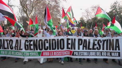 Protesters-rally-while-holding-a-banner-and-holding-Palestine-flags-in-solidarity-with-Palestine