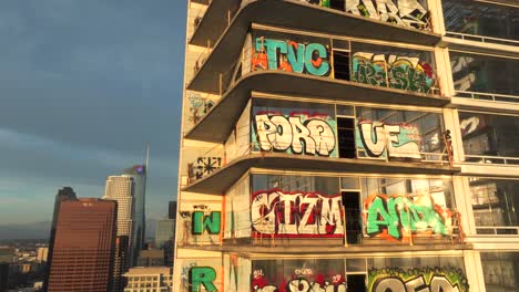 4K-Aerial-of-Graffiti-Tower-in-DTLA-in-February-2024,-Los-Angeles,-California,-USA
