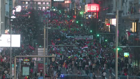 During-nighttime,-a-multitude-gathers-in-solidarity-for-Palestine,-marching-and-waving-Palestine-flags-in-Madrid's-downtown,-demanding-the-war-in-Gaza-to-stop