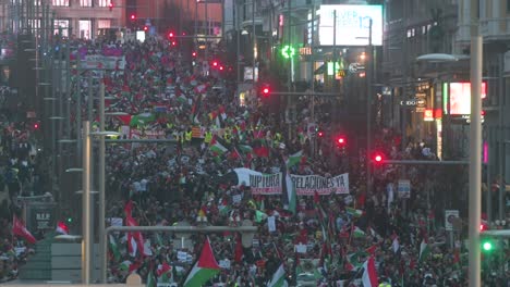 During-nighttime,-a-multitude-gathers-in-solidarity-for-Palestine,-marching-and-waving-Palestine-flags-in-Madrid's-downtown,-demanding-the-war-in-Gaza-to-stop