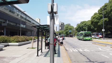 Panoramic-summer-cityscape-of-bus-station-in-latin-American-city-buenos-aires-argentina,-barrancas-de-Belgrano,-capital-city-landmark