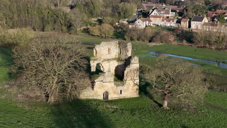 Aerial-footage-of-Ayton-castle-in-North-Yorkshire,-aerial-orbit-of-an-old-English-castle