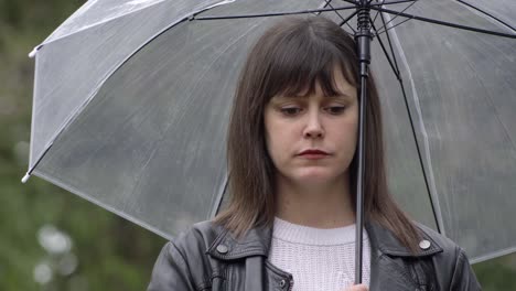 Portrait-of-the-sad,-frustrated-young-woman-in-the-black-jacket-under-the-transparent-umbrella-in-the-park