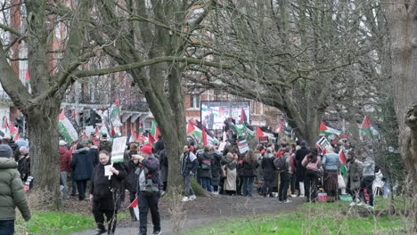 Multitudes-De-Manifestantes-Con-Banderas-Y-Pancartas-Palestinas-Se-Reúnen-En-El-Parque-De-Londres,-Marzo-De-2024.
