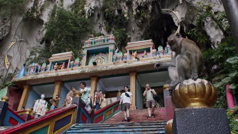 Mono-Observa-A-Los-Turistas-Subiendo-Las-Escaleras-De-Las-Cuevas-De-Batu