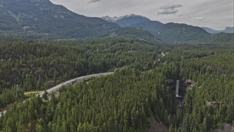 Brandywine-Falls-BC-Canada-Aerial-v2-picturesque-landscape,-drone-flyover-provincial-park-capturing-rolling-mountains,-lush-forests-and-spectacular-waterfalls---Shot-with-Mavic-3-Pro-Cine---July-2023