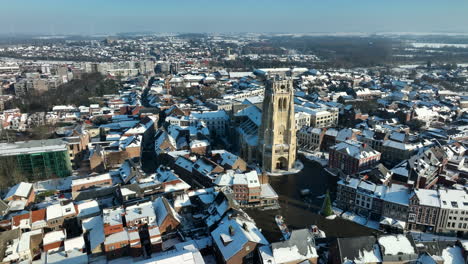 Gothic-Tower-Of-The-Basilica-Of-Our-Lady-And-Tongeren-Cityscape-In-Belgium