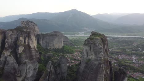 Aerial-Shot-of-Meteora-Rocks-Greece-and-Kalambaka-Panoramic-View