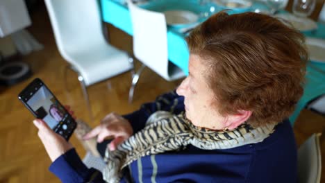 Abuela-Anciana-Aprende-A-Tomar-Selfie-Usando-La-Cámara-Frontal-Levantándose-A-La-Cabeza-Y-Hablando-En-Voz-Alta