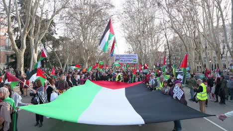 Los-Manifestantes-Sostienen-Una-Gran-Bandera-Palestina-Durante-Una-Marcha-En-Solidaridad-Con-Palestina.