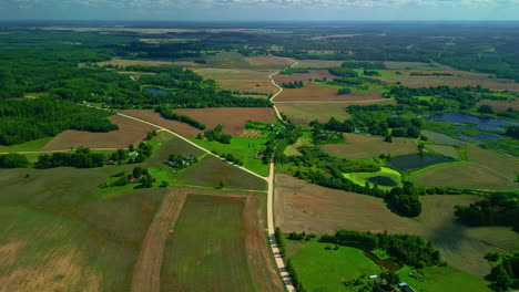 Drone-aerial-shot-of-empty-rural-roads-in-the-tranquil-countryside