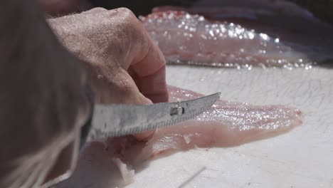 Primer-Plano-De-Un-Hombre-Cortando-Carne-De-Pescado-Con-Una-Sierra-Eléctrica-En-Un-Muelle-En-Florida