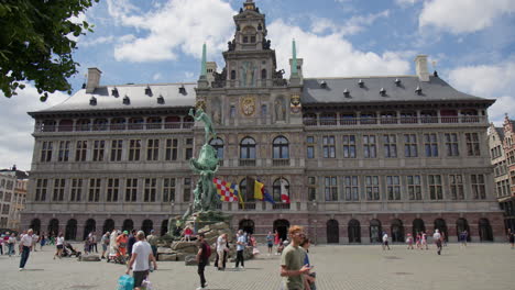 Travelers-Exploring-Antwerp-City-Hall-in-Belgium,-Europe---Wide-Shot