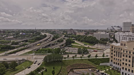 Atlanta-Georgia-Aerial-v912-cinematic-low-flyover-Capital-Gateway-capturing-complex-interstate-freeway-traffics-and-south-and-downtown-cityscape-at-daytime---Shot-with-Mavic-3-Pro-Cine---May-2023