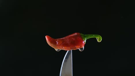 Primer-Plano-De-Un-Pequeño-Chile-Rojo-En-La-Punta-De-Un-Cuchillo-Con-Gotas-De-Agua-Goteando-Con-Fondo-Negro