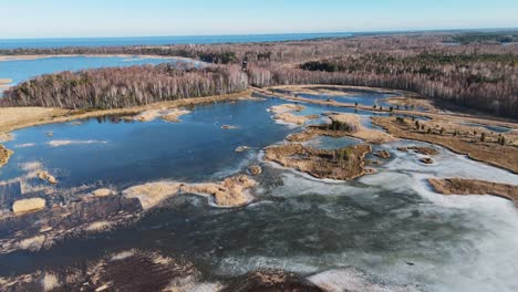 Wooden-Bords-Trail-Through-the-Kaniera-Lake-Reeds-Aerial-Spring-Shot-Lapmezciems,-Latvia