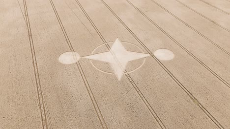 Top-drone-view-of-unexplained-geometric-crop-circle-in-middle-of-brown-farm-land