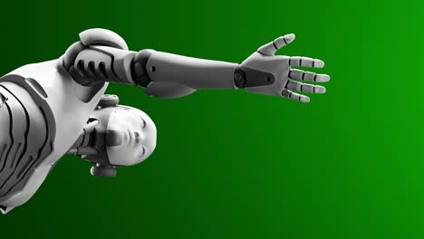 Prototipo-De-Cyborg-Humanoide-Moviendo-El-Brazo-Y-Mostrando-El-Espacio-Vacío-De-La-Mano-De-La-Palma-Para-Agregar-Objetos,-Fondo-Verde,-Concepto-De-Inteligencia-Artificial-De-Escenario-De-Tarea-Futurista-Vista-De-ángulo-Bajo